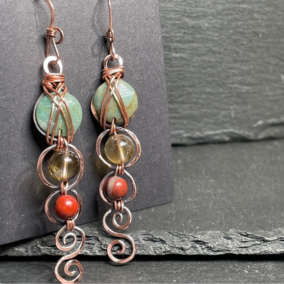 Handcrafted Hammered Copper With Agate and Citrine Gemtone Earrings - Picture 3 of 13